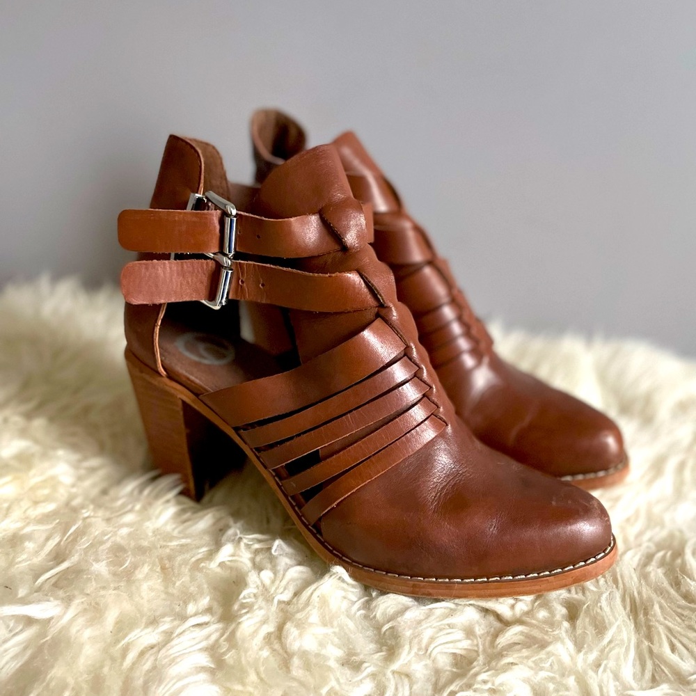 Tan leather strap heel booties